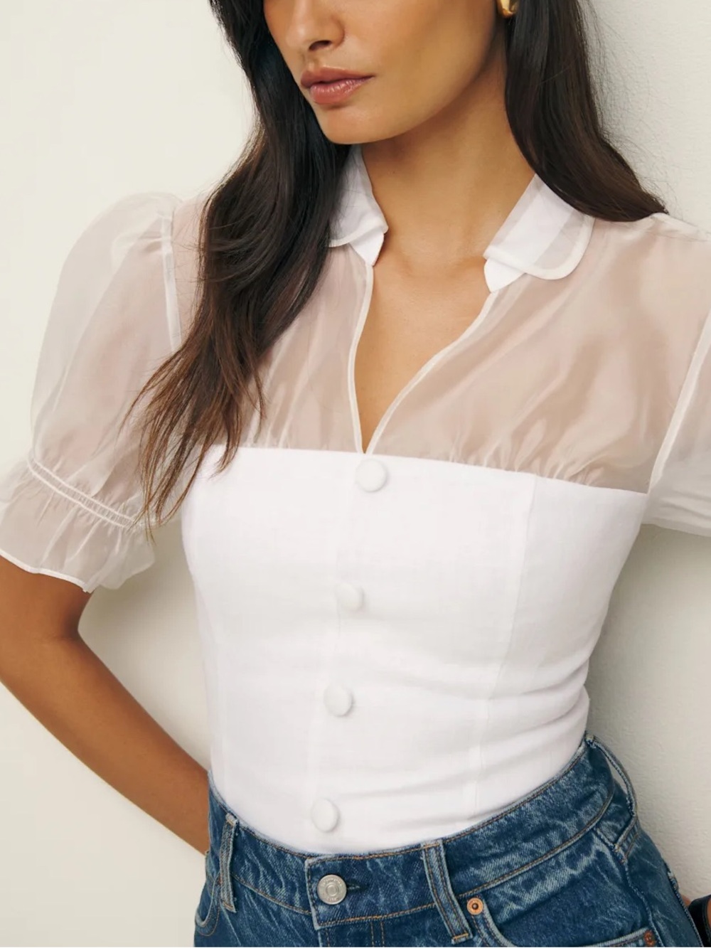 Reformation avianna linen top white sheer mesh short sleeve top size 6